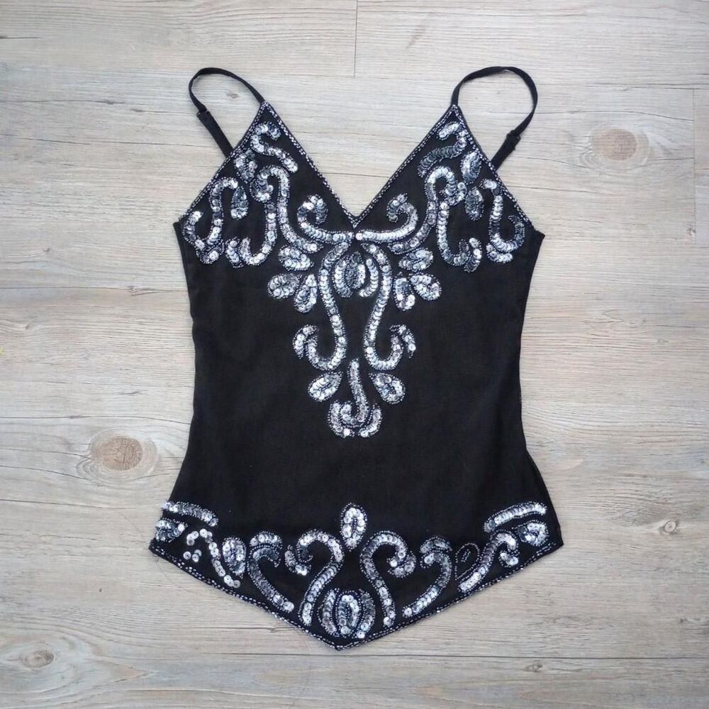 Y2K Sheer Black Beaded Sequin Mesh Fairy Top